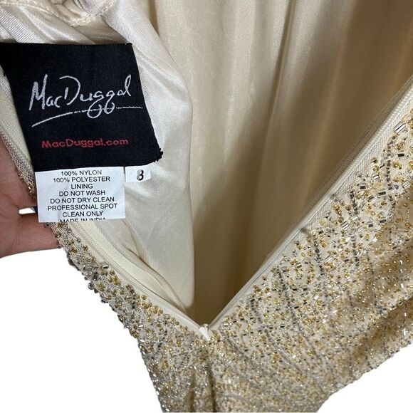 MAC DUGGAL Dress WMNS 8 Nude Lattice Open‎ Back Beaded Maxi Gown Train Sexy - Picture 9 of 13